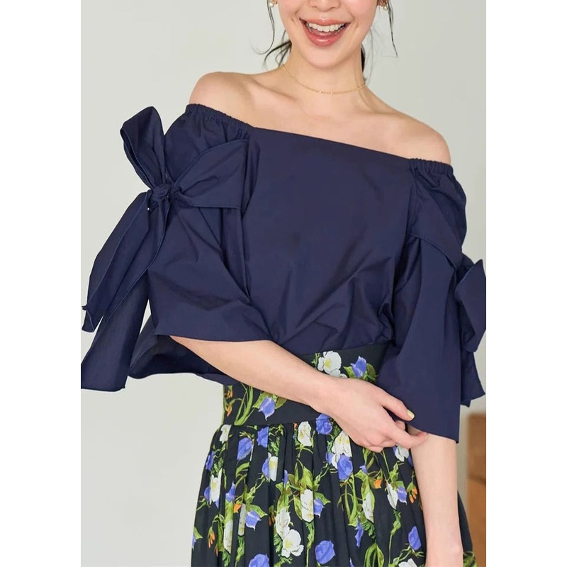 Women Navy Cold Shoulder Cotton Shirt Top Summer