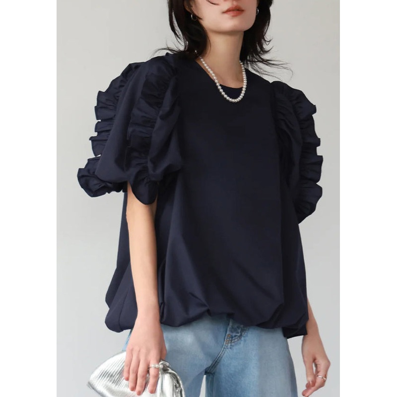 Women Navy Ruffled Oversized Cotton Tops Puff Sleeve
