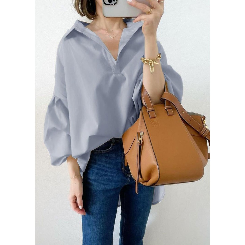 Women Sky Blue Oversized Cotton Shirt Top Lantern Sleeve