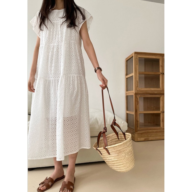 Women White Embroidered Cotton Party Dress Summer