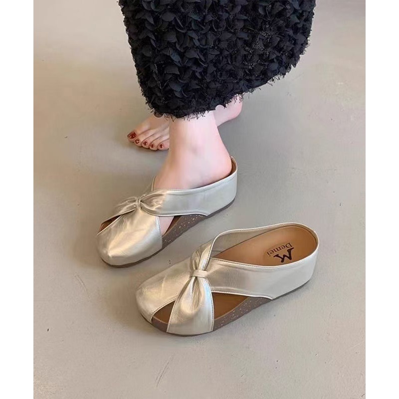 2025 New Champagne Faux Leather Wedge Heels Slide Sandals