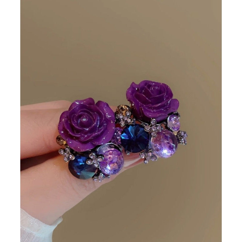 2025 New Purple Alloy Zircon Floral Stud Earrings