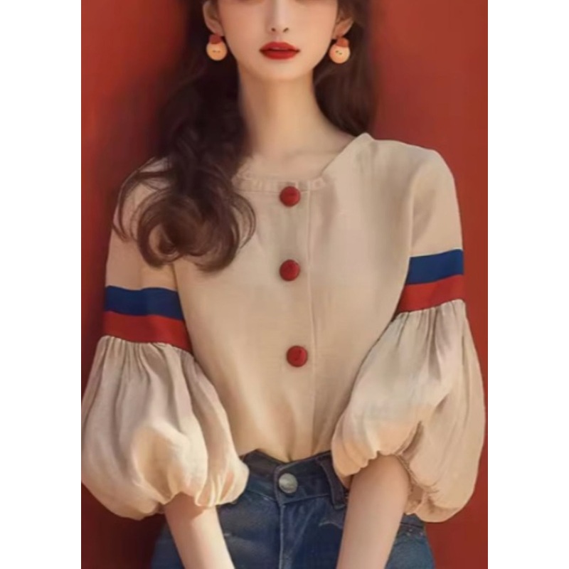 Art Apricot O-Neck Patchwork Cotton Blouse Lantern Sleeve