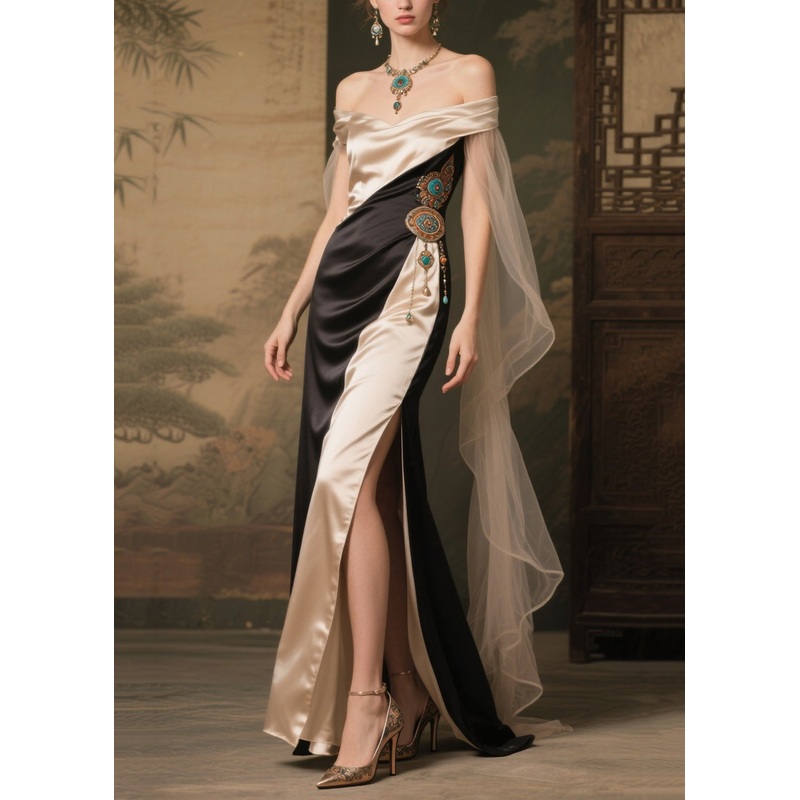 Art Colorblock Cold Shoulder Patchwork Side Open Silk Party Dress Summer