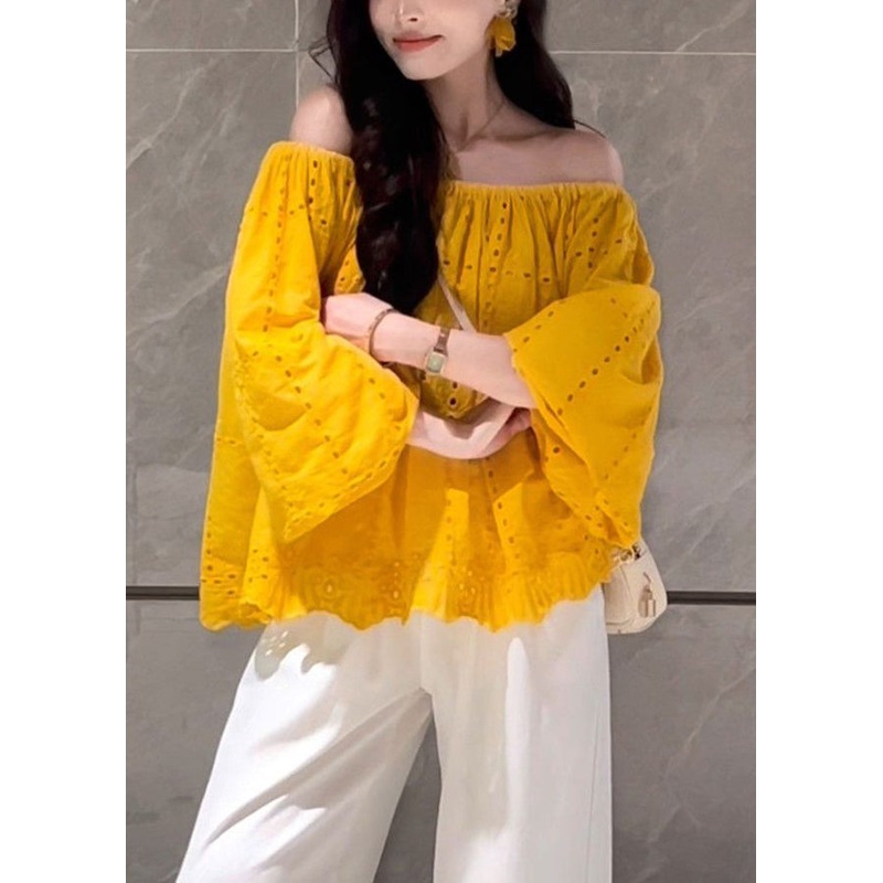 Art Yellow Slash Neck Hollow Out Cotton Shirt Fall