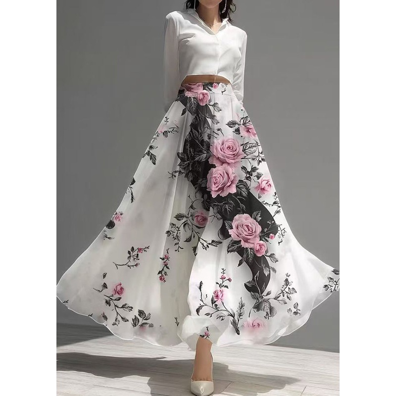 Beautiful White Floral Exra Large Hem Chiffon Holiday Skirt Summer