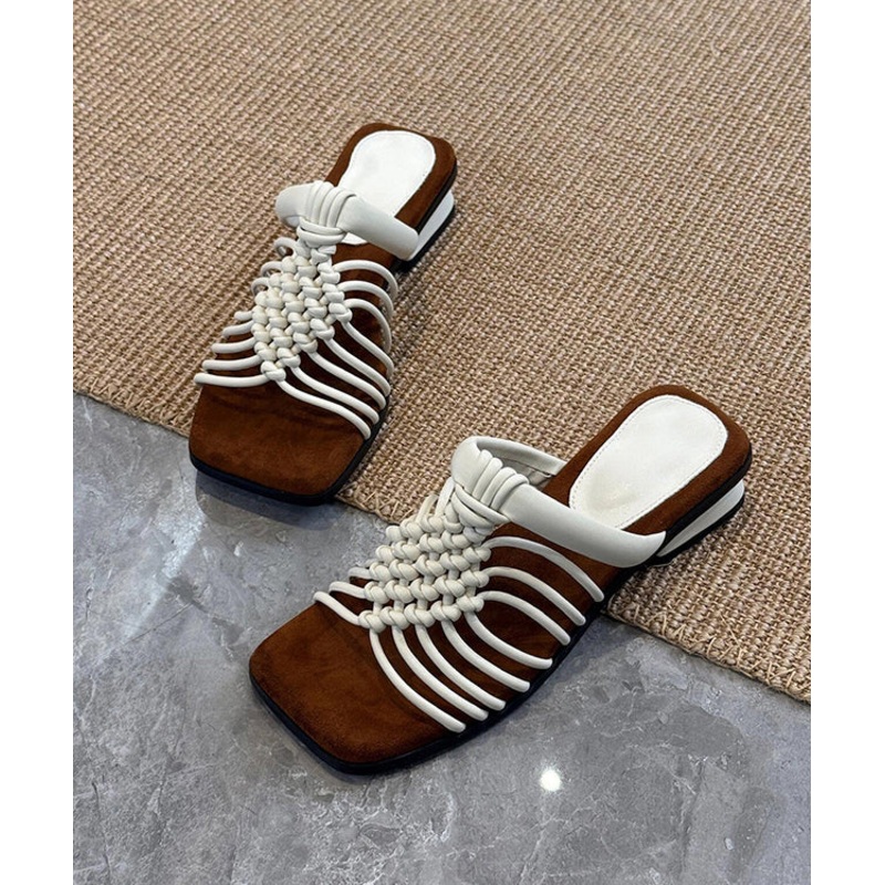 Beige Cowhide Leather Splicing Hollow Out Slide Sandals Peep Toe