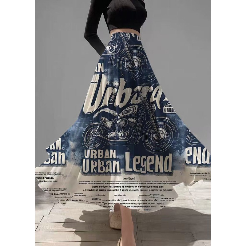 Chic Denim Blue Letter Print Chiffon A Line Skirts Summer
