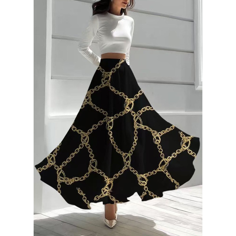 Elegant Black Print Exra Large Hem Chiffon Skirt Summer