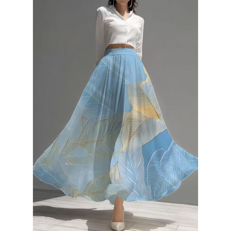Elegant Sea Blue Leaf Print Chiffon Holiday Skirt Summer