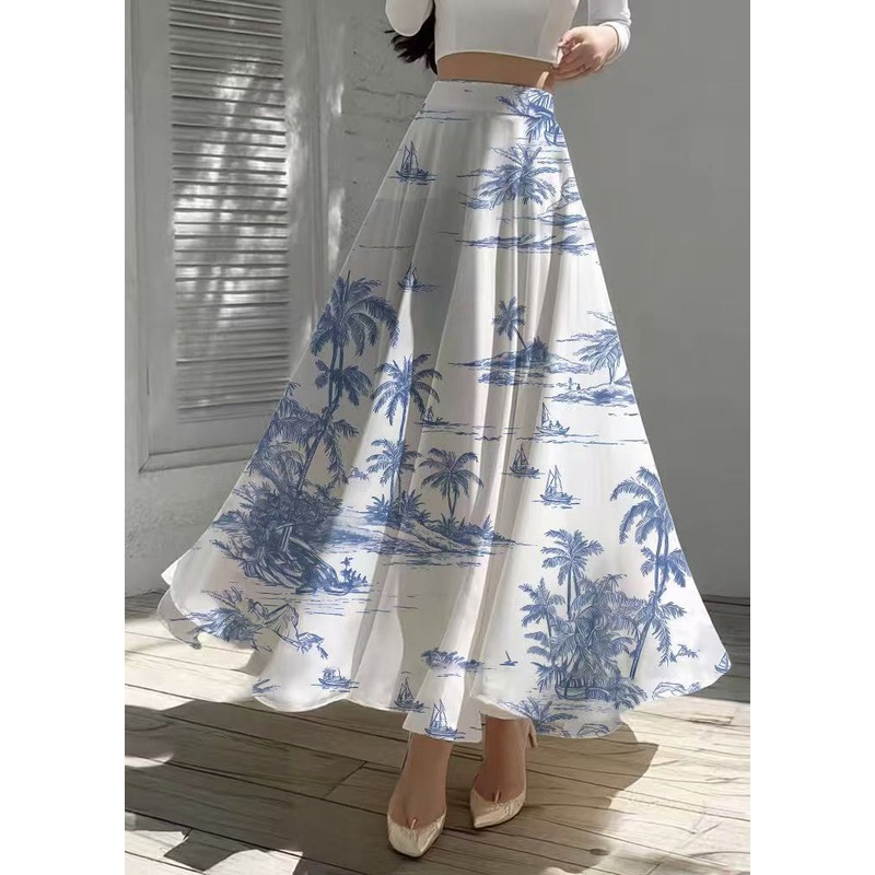 Ethnic Style White Print Exra Large Hem Chiffon Skirt Summer