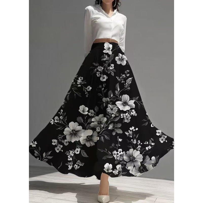 Fine Black Floral Chiffon Skirt Exra Large Hem Summer