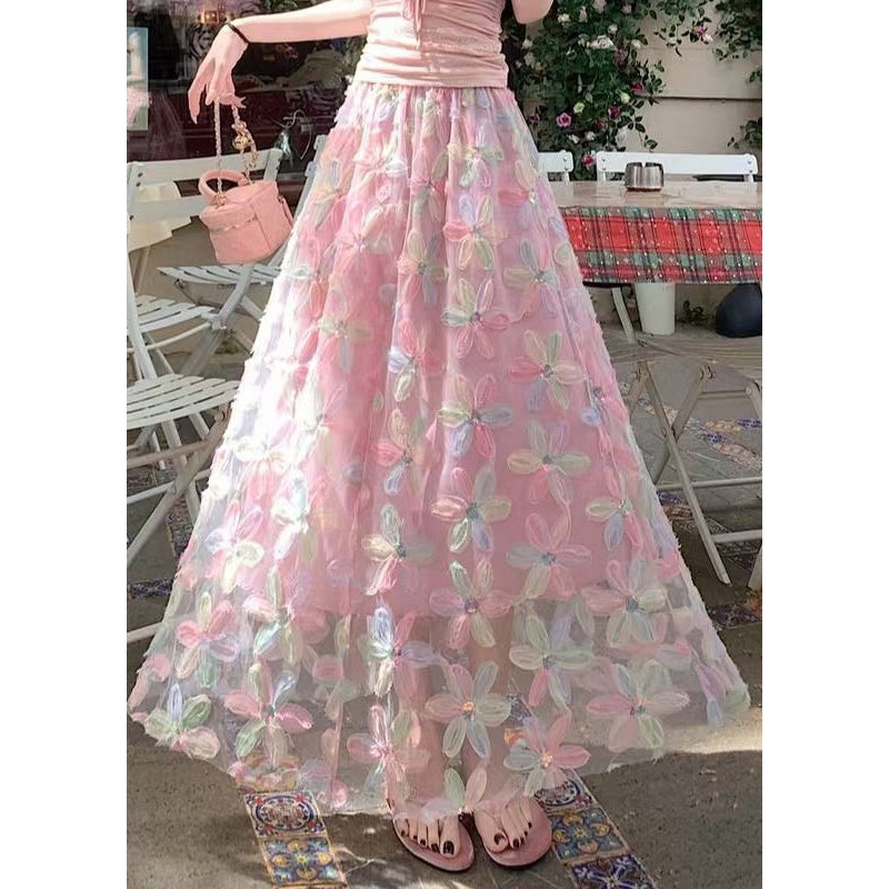 Pink Sequins Tulle A Line Skirts Elastic Waist