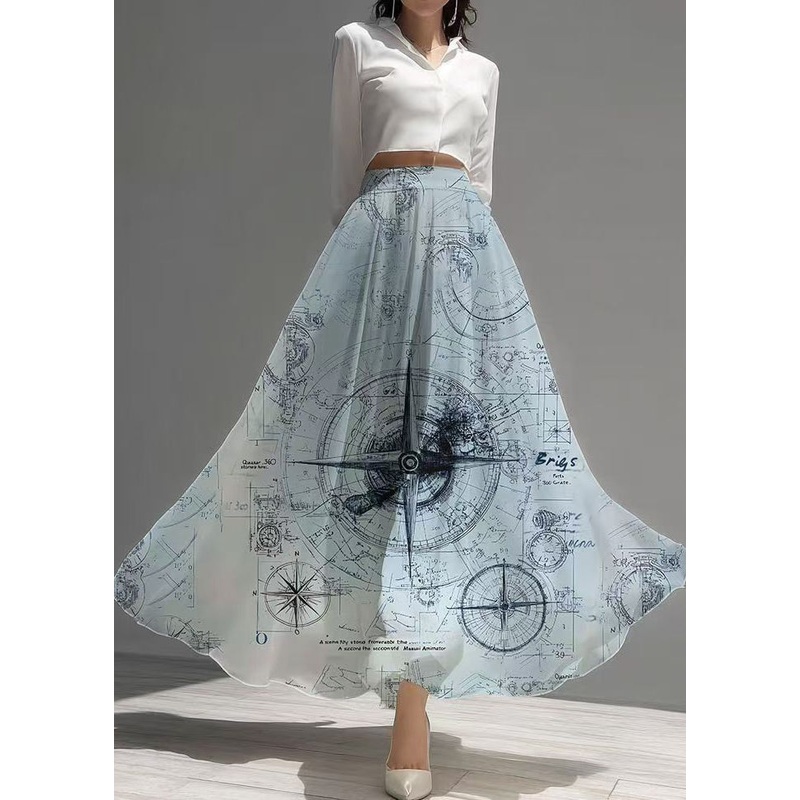 Sky Blue Print Chiffon Beach Skirt Exra Large Hem Summer