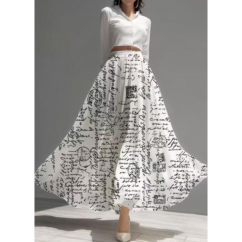 Style White Print Exra Large Hem Chiffon Skirt Summer
