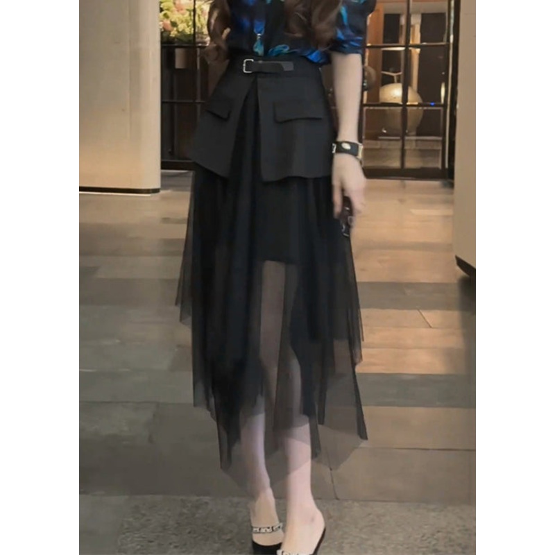 Stylish Black High Waist Tulle Patchwork Skirt Summer
