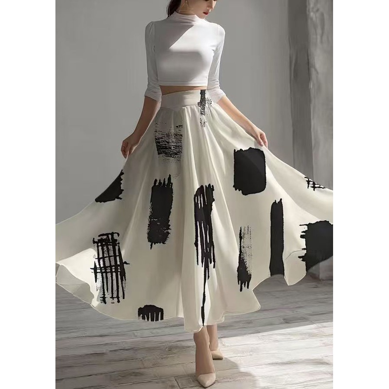 Stylish White Print Chiffon Skirts Exra Large Hem Summer