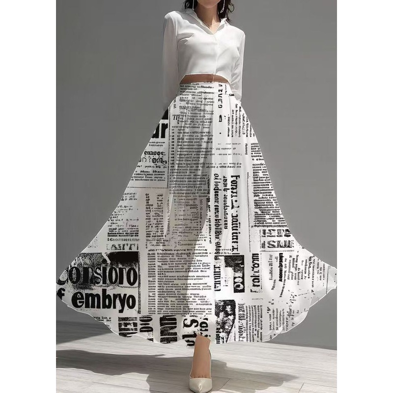 Unique White Newspapers Print Draping Chiffon Skirts Summer