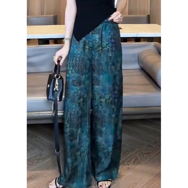 Vintage Blue Print Elastic Waist Cotton Pants Fall