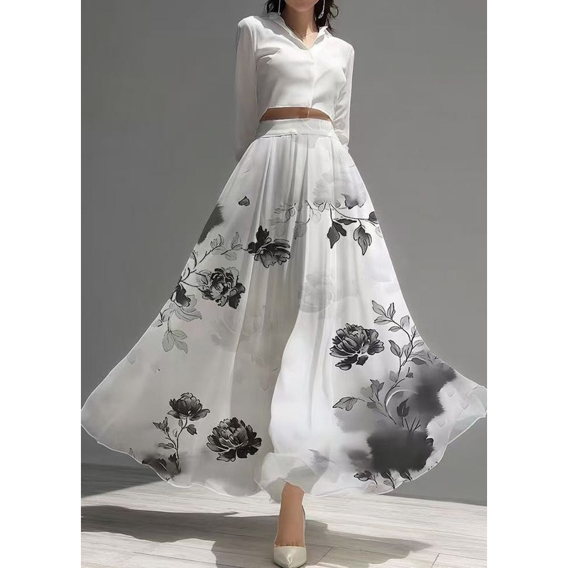 Vintage White Print Draping Chiffon A Line Skirts Summer