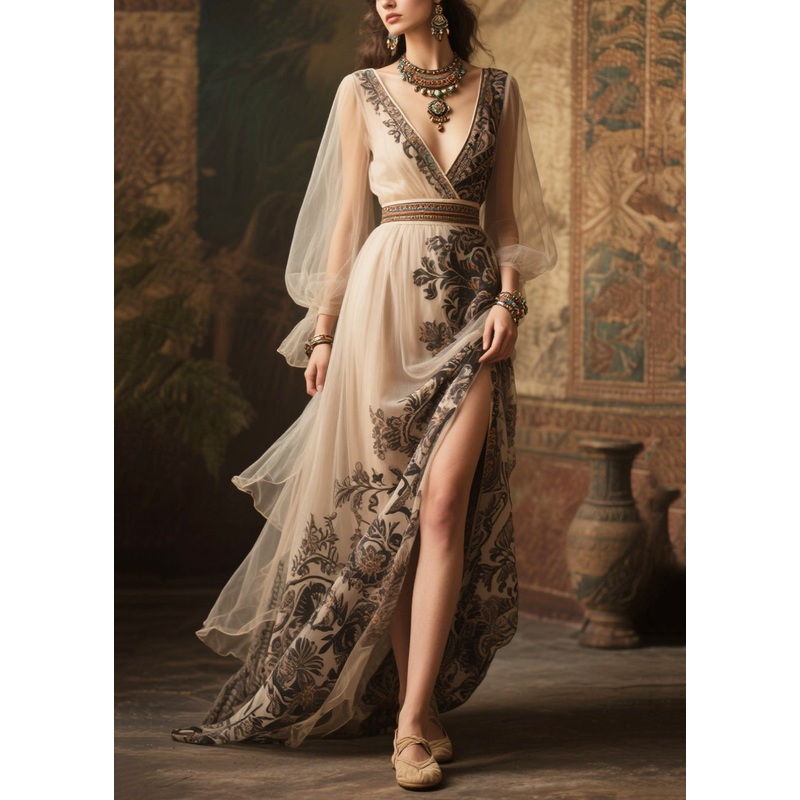 Women Beige Print Exra Large Hem Chiffon Holiday Dress Summer