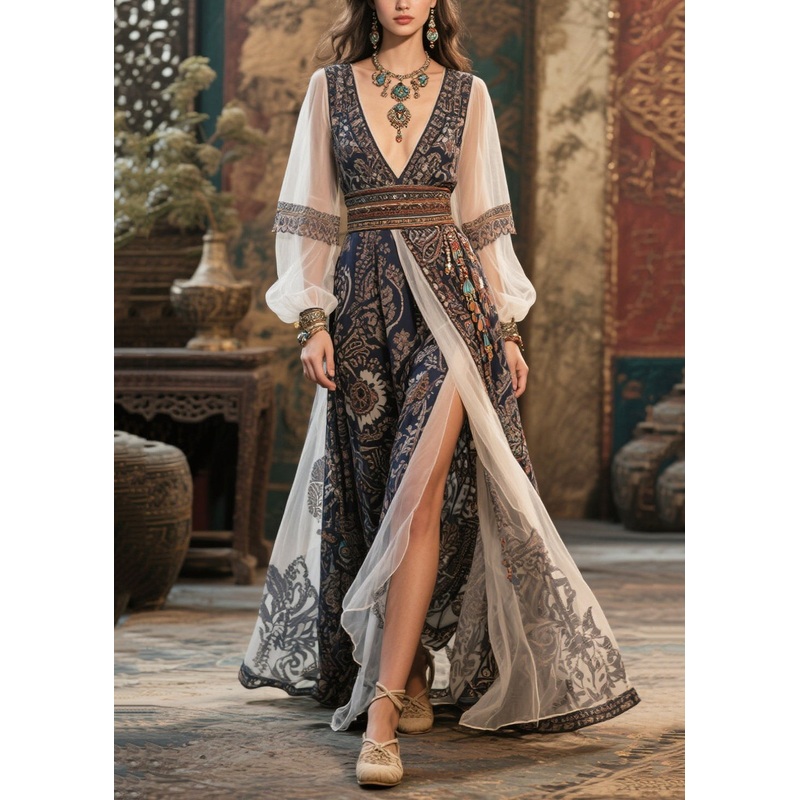 Women Black Deep-V Neck Print Chiffon Maxi Dresses Summer