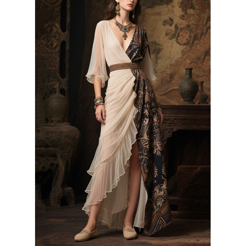 Women Colorblock Asymmetrical Patchwork Chiffon Robe Dresses Summer