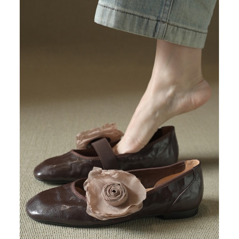 Women Floral Splicing Flats Brown Cowhide Leather