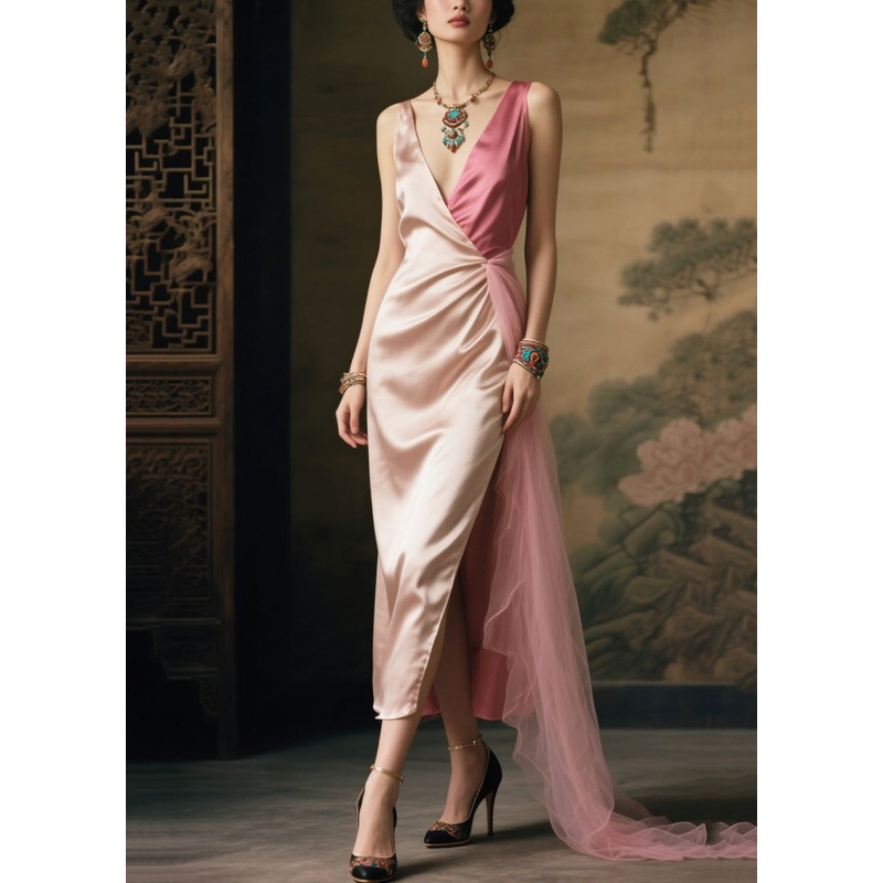 Women Nude V Neck Patchwork Side Open Silk Vacation Dress Summer