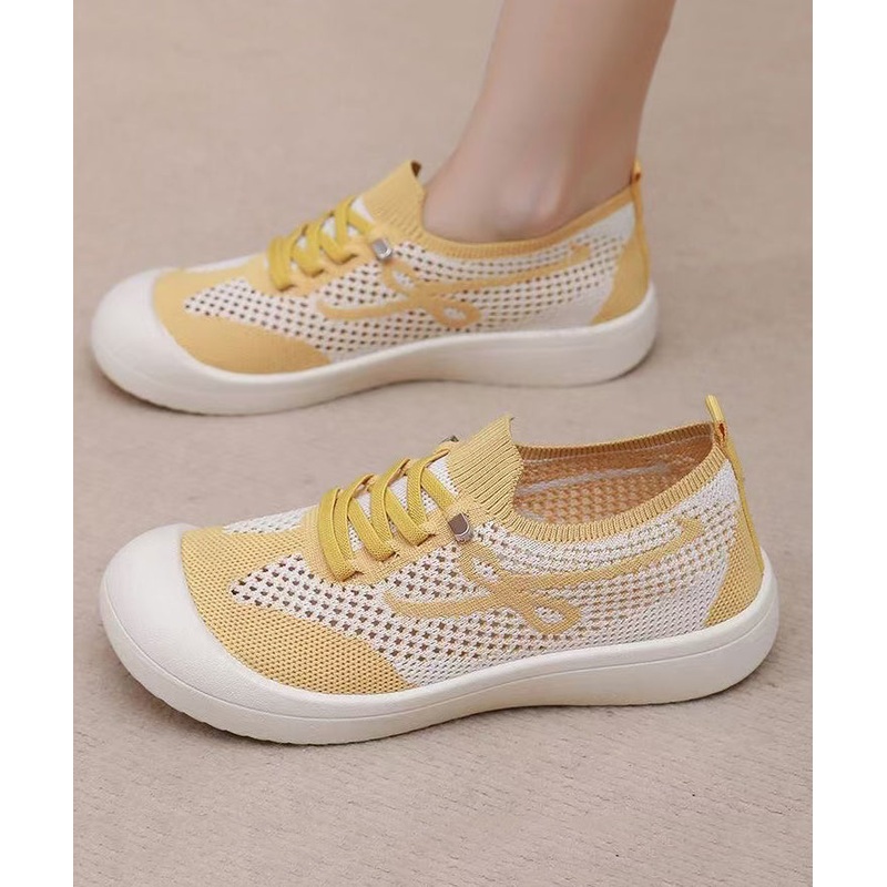 Yellow Hollow Out Breathable Mesh Comfortable Splicing Flat Shoes