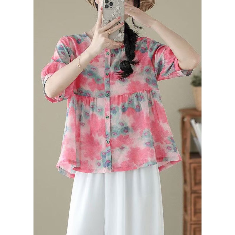 Beautiful Pink O Neck Print Patchwork Cotton Shirts Summer