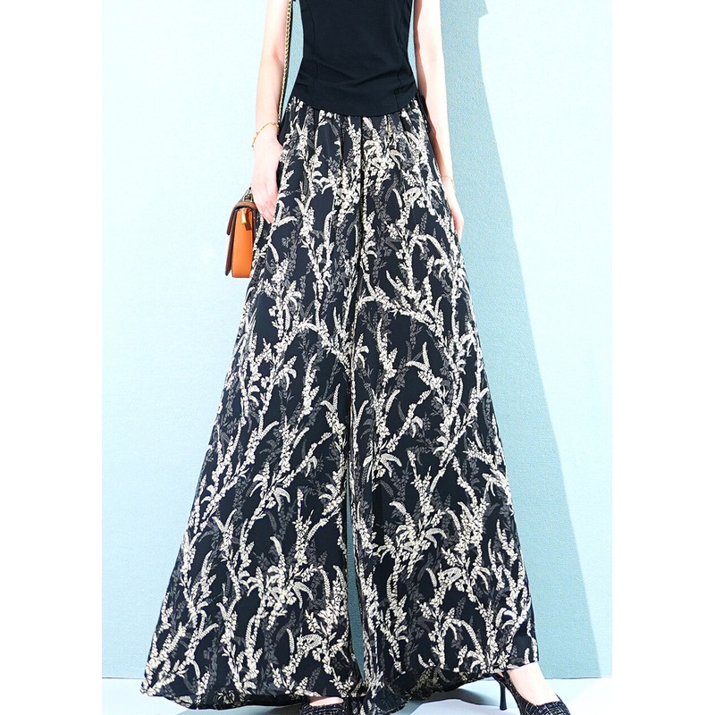 Black Pockets Elastic Waist Ice Silk Wide Leg Pants Print Summer