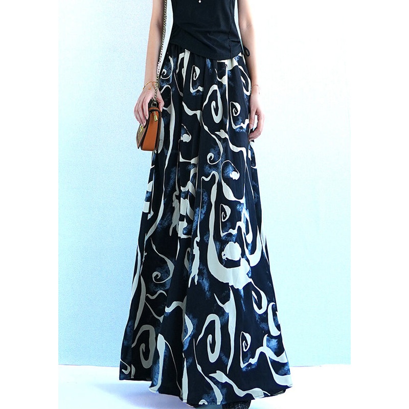 Black Print Oversized Silk Summer Wide Leg Pants Elastic Waist