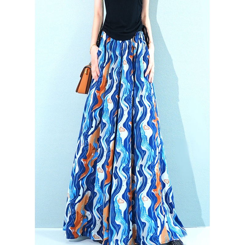 Blue Print Pockets Chiffon Wide Leg Pants Elastic Waist Summer