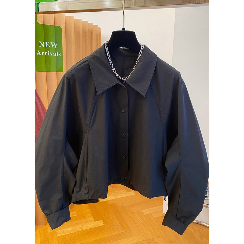 Casual Black Peter Pan Collar Button Cotton Shirts Fall