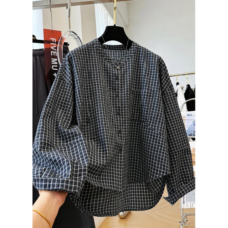 Casual Black Plaid Stand Collar Pockets Cotton Shirt Top Fall