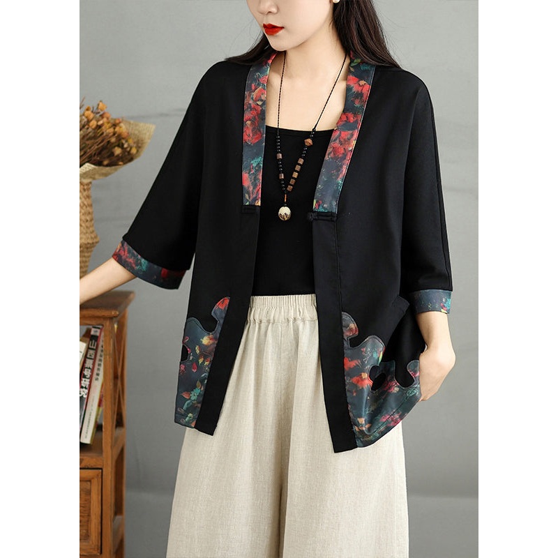 Casual Black V Neck Print Button Cotton Cardigans Fall