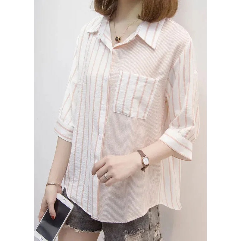 Casual Blue Peter Pan Collar Striped Cotton Shirt Top Bracelet Sleeve