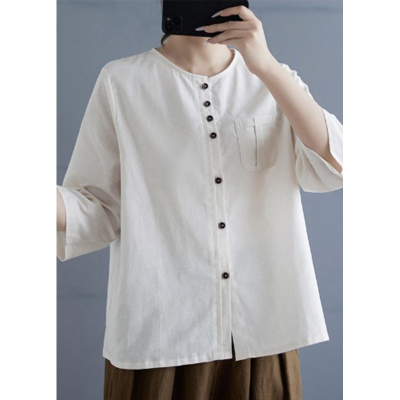 Casual Linen Color O Neck Button Cotton Top Bracelet Sleeve