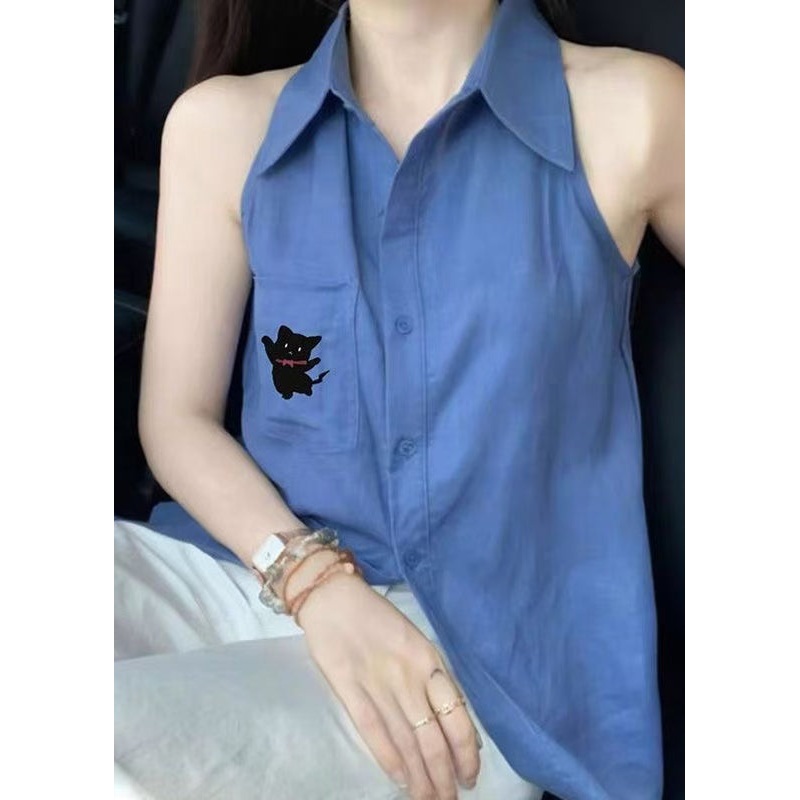 Chic Blue Peter Pan Collar Button Cotton Shirt Tops Sleeveless
