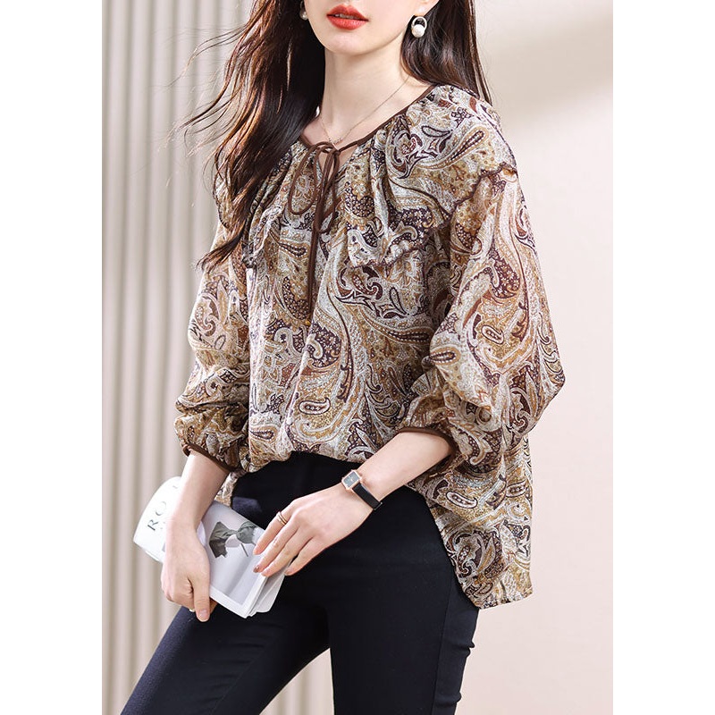 Chic Lace Up Print Patchwork Chiffon Top Fall