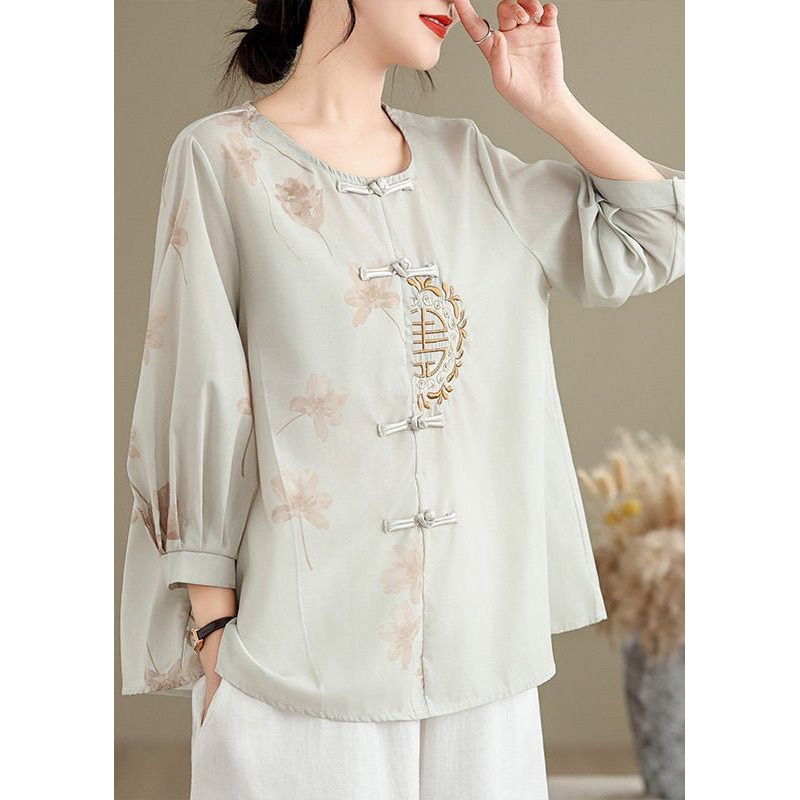 Chinese Style O-Neck Embroidered Oriental Button Cotton Shirts Fall
