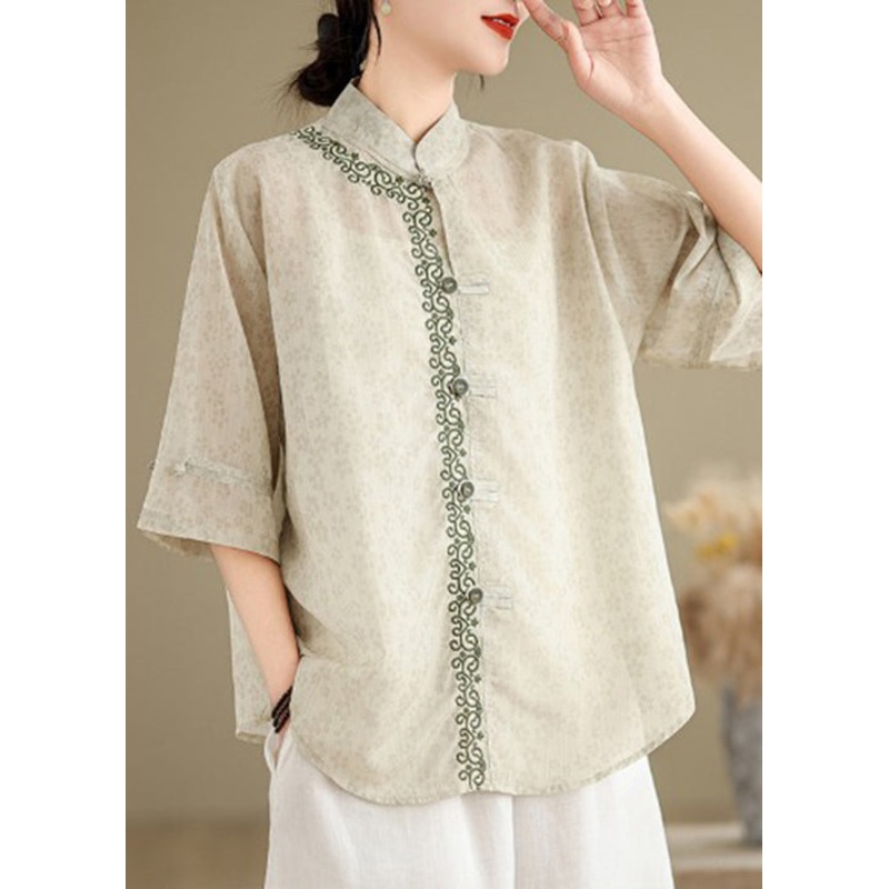 Chinese Style Stand Collar Jacquard Embroidered Cotton Top Summer
