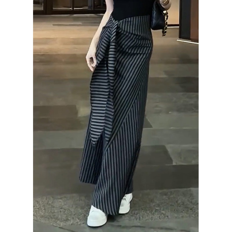 Classy Black Striped High Waist Lace Up Chiffon Skirts Fall