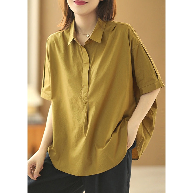 Fashion Khaki Peter Pan Collar Patchwork Cotton Shirts Summer
