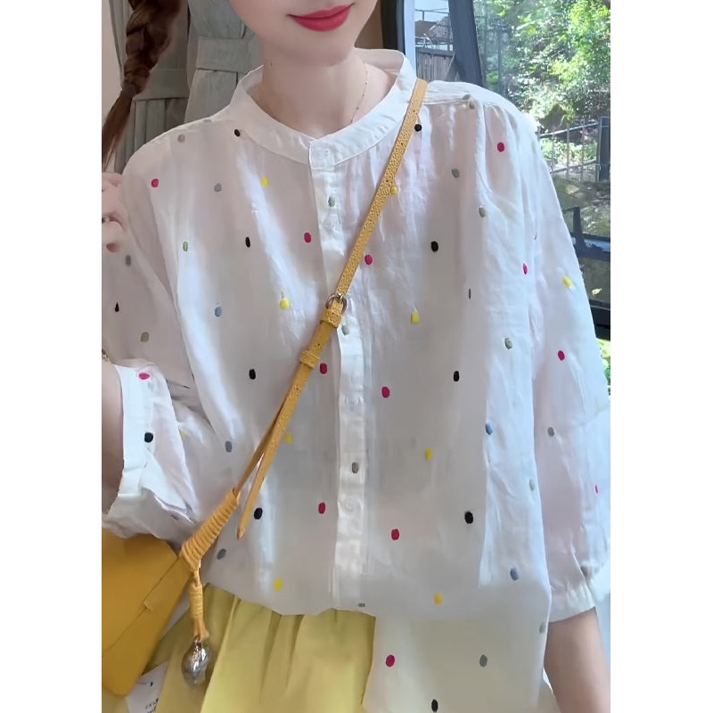 Fashion White Stand Collar Print Cotton Shirt Bracelet Sleeve