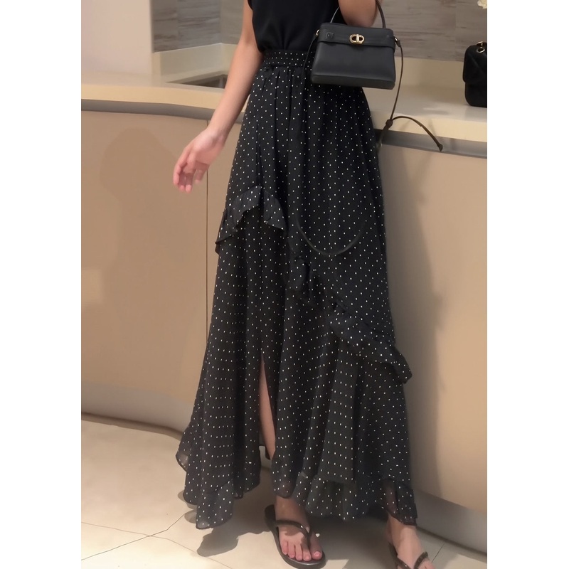Fine Black Dot Ruffled Side Open Patchwork Chiffon Skirt Summer