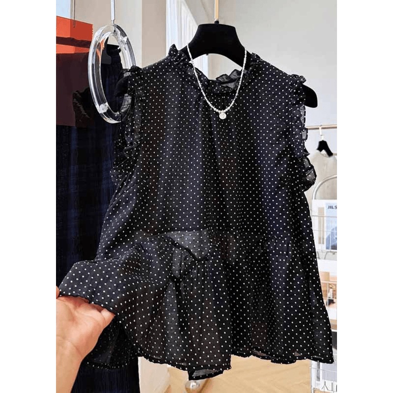 French Black Ruffled Dot Print Cotton Shirt Top Summer