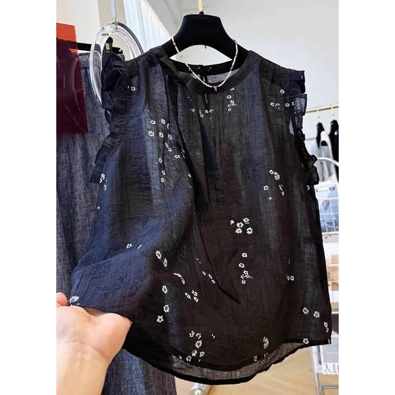 French Black Ruffled Embroidered Cotton Top Summer