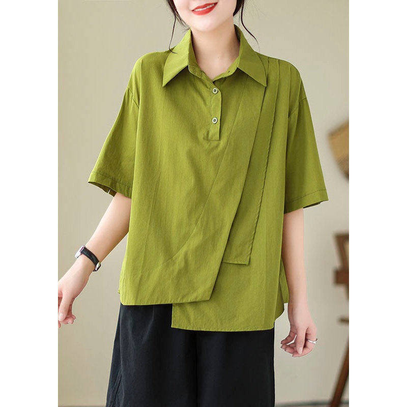 Green Patchwork Cotton Blouse Tops Peter Pan Collar Summer